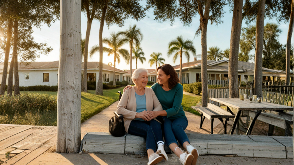 Adult daughter and elderly mother sitting together at a Florida assisted living facility